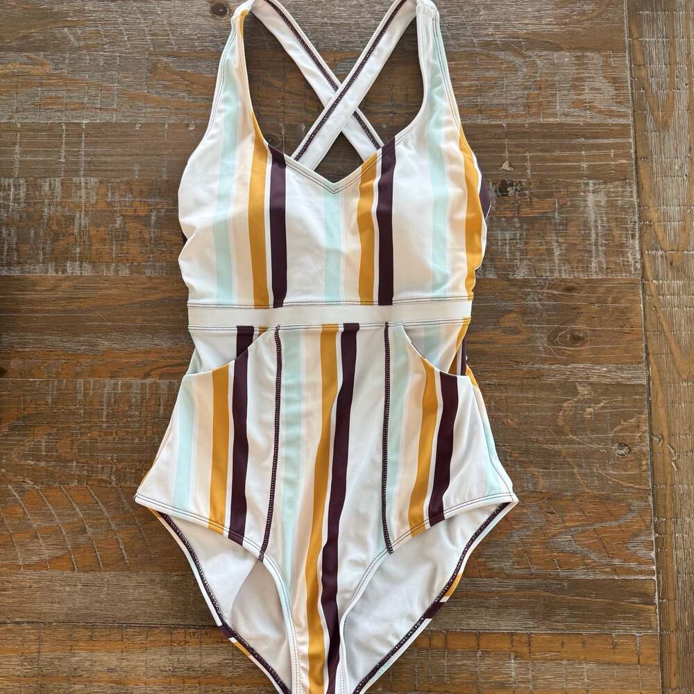 Nani Swimwear Retro Stripe Cut Out One Piece Swimsuit Size S